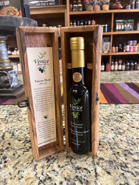Hand-crafted Olive Wood Gift Box with 200ML Tuscan Herb Olive Oil